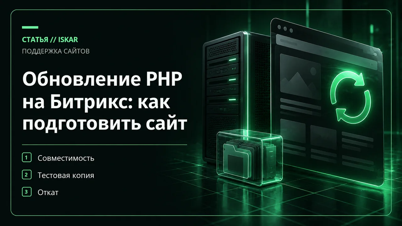 Сервер, окно сайта со знаком обновления и резервная копия PHP-окружения