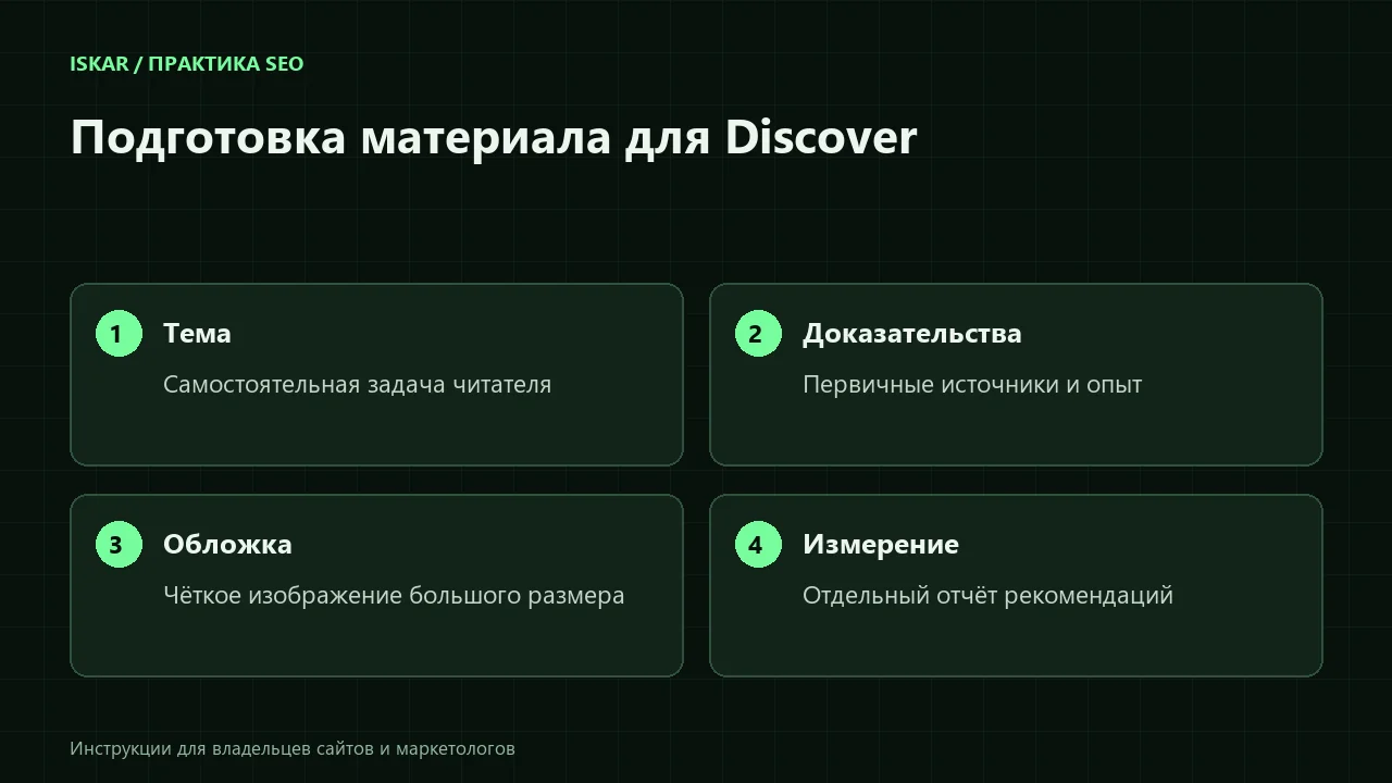 Схема: Google Discover для экспертного блога: контент, обложки и измерение